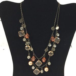 Fall Colors Brass Toned Bobble Necklace Shabby Chic Faux Pearl Layered